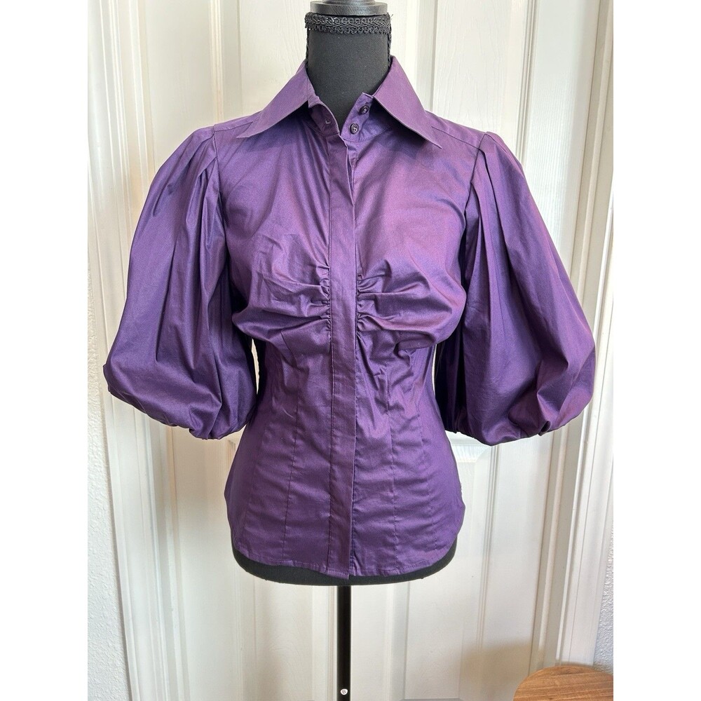 Vintage Y2K Bebe Purple Blouse Huge Puff Sleeves Fitted Flattering Size S